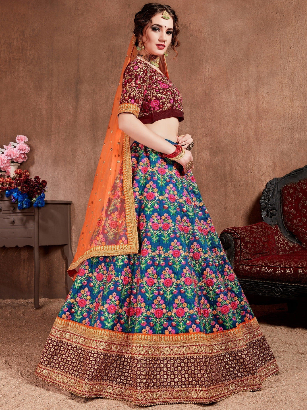 Blue Embroidered Lehenga Choli | Mulberry Silk with Dori & Sequin Work