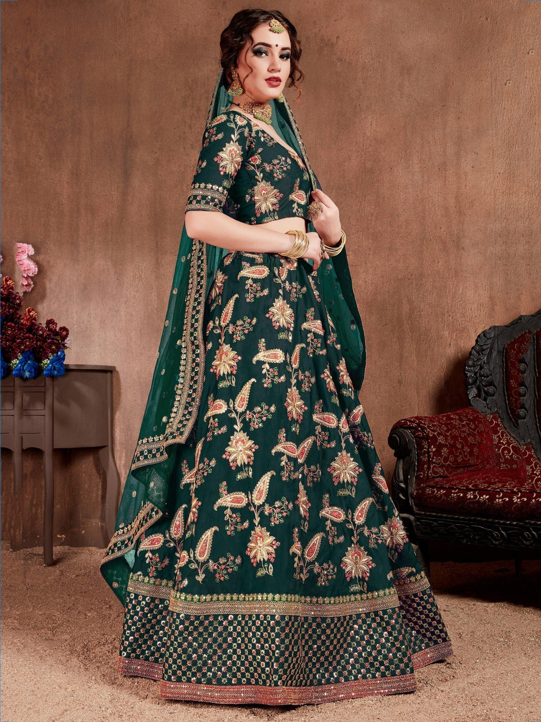 Embroidered Dark Green Lehenga | Bridal Lehenga Choli for Wedding Day