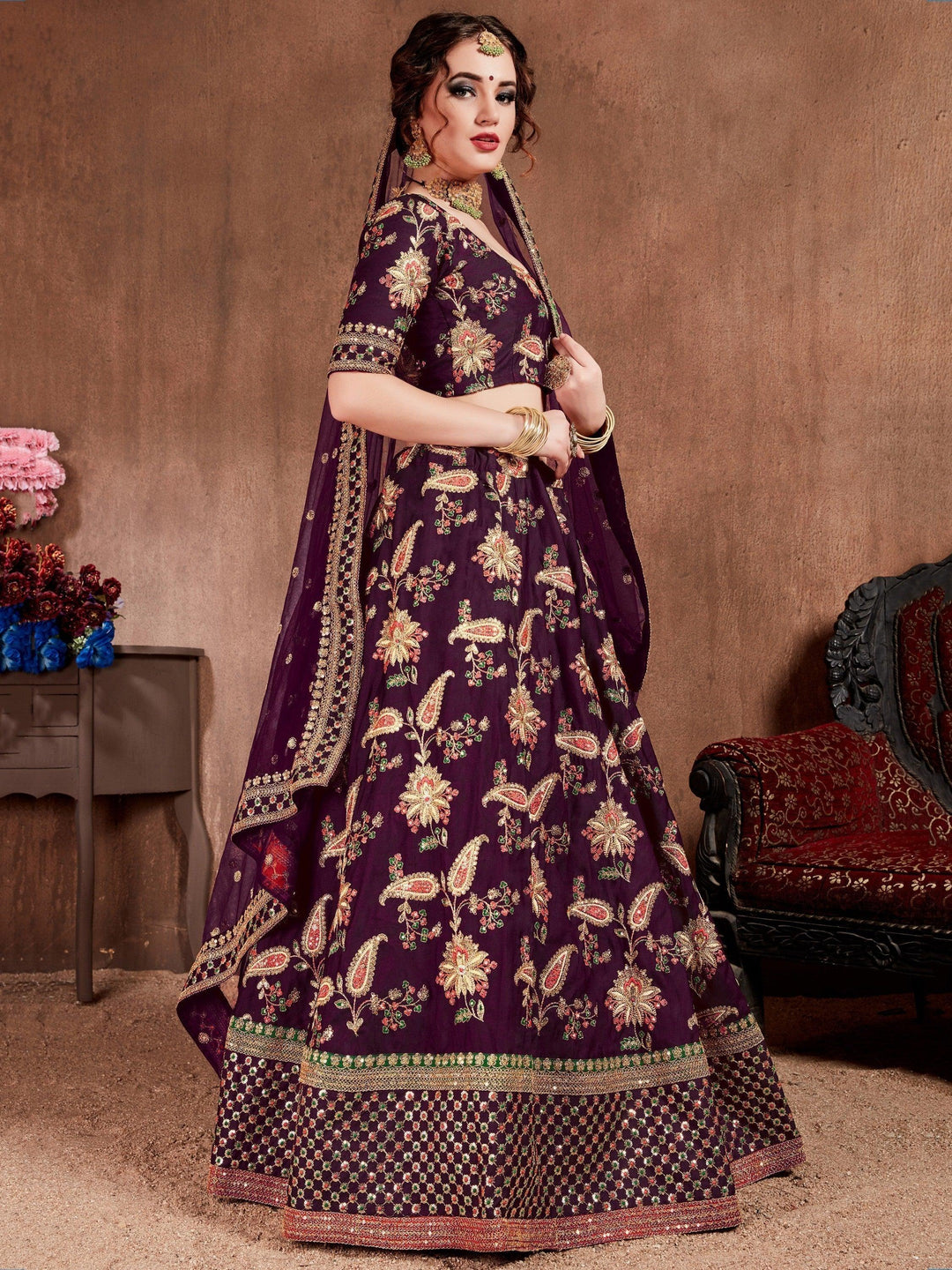 Purple Bridal Lehenga Choli | Embroidered Lehenga with Silk Fabric