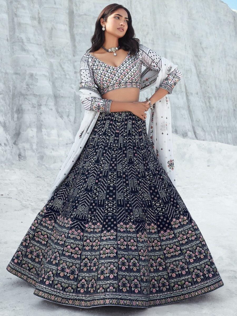 Navy Blue Lehenga | Georgette with White Choli & Dupatta for Weddings