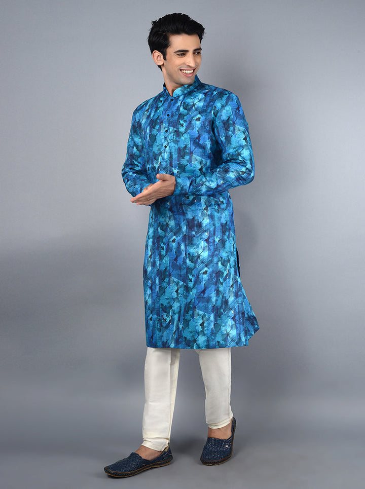 Chic blue kurta set made from premium linen, ideal for enhancing your festive wardrobe in the USA.