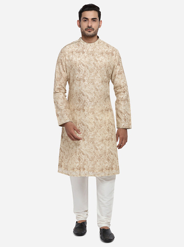 Cream & brown kurta set with print, ideal for enhancing your ethnic collection in the USA.