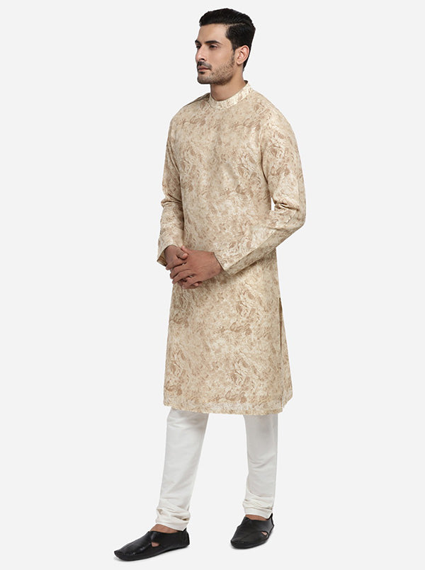 Chic printed cream & brown kurta set for men, designed for fashionable outings.