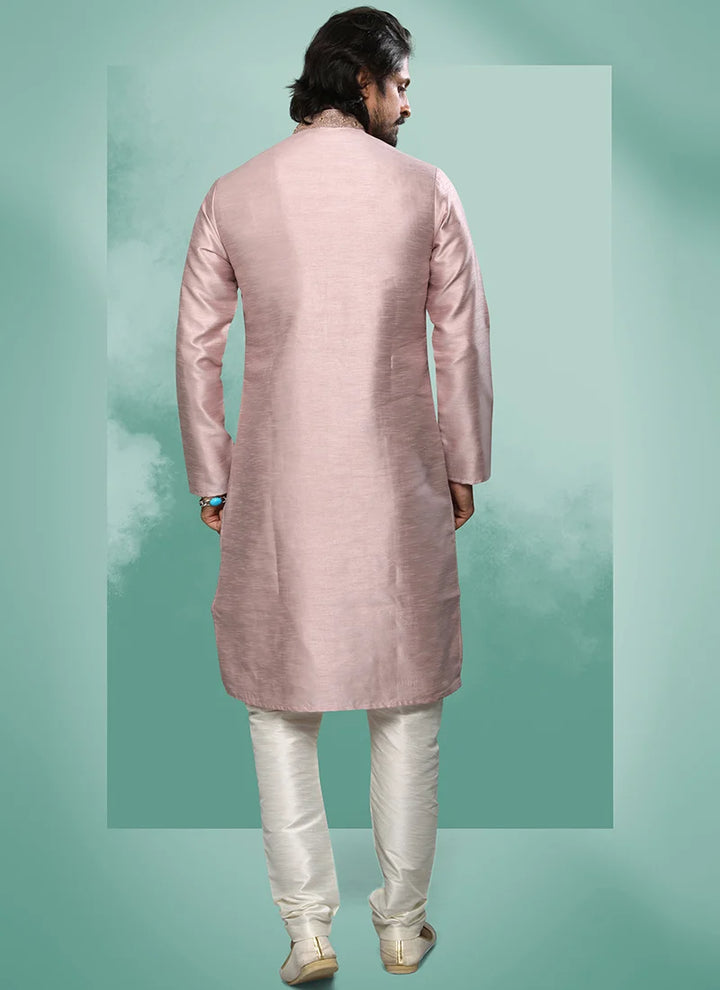 Handwoven Light Lavender Art Silk  Kurta Pajama | Enriched with Fine Embroidery & Graceful Aesthetic