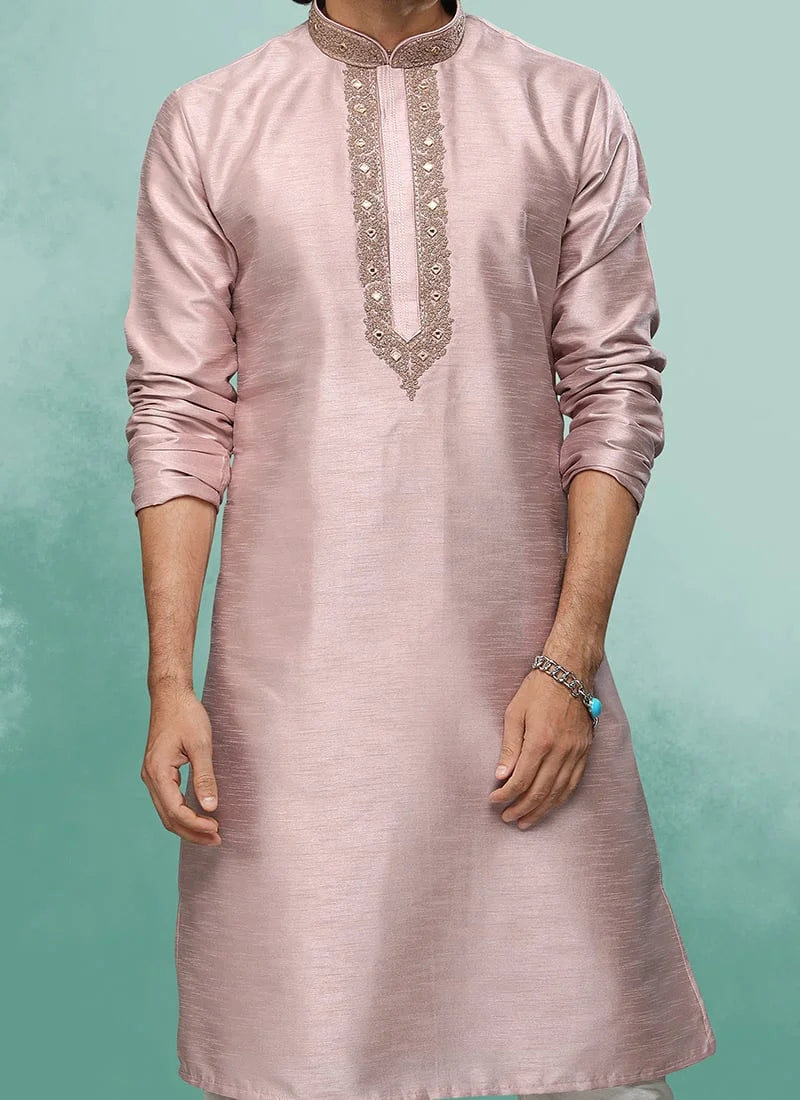 Handwoven Light Lavender Art Silk  Kurta Pajama | Enriched with Fine Embroidery & Graceful Aesthetic