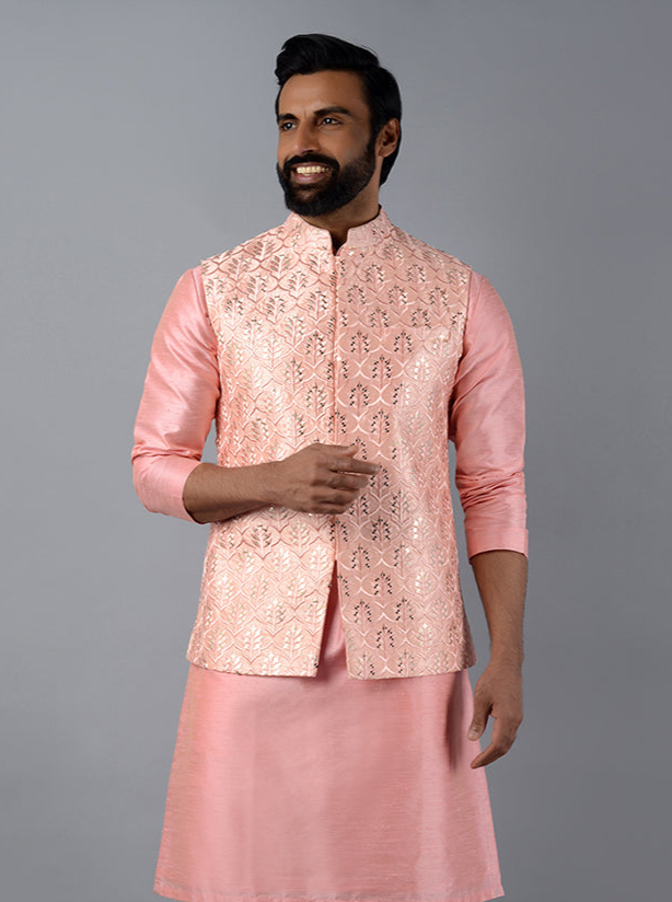 Men's Pink Embroidered Bandhgala | Stylish Nehru Jacket for Special Occasions