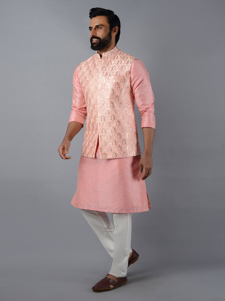 Discover the charm of this Pink Bandhgala, perfect for elevating your formal and ethnic attire.