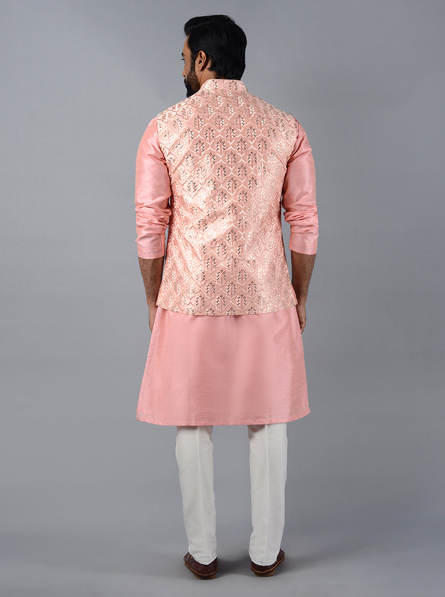 Luxurious Pink Bandhgala for men, featuring concealed buttons and elegant embroidered work for formal events.