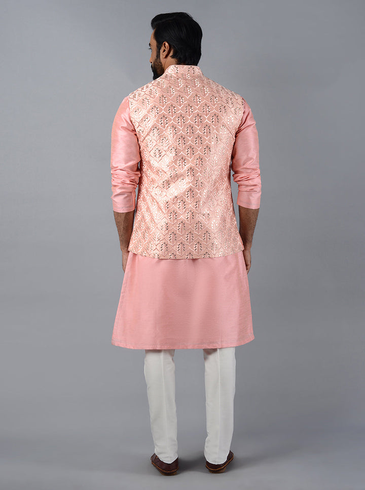 Luxurious Pink Bandhgala for men, featuring concealed buttons and elegant embroidered work for formal events.