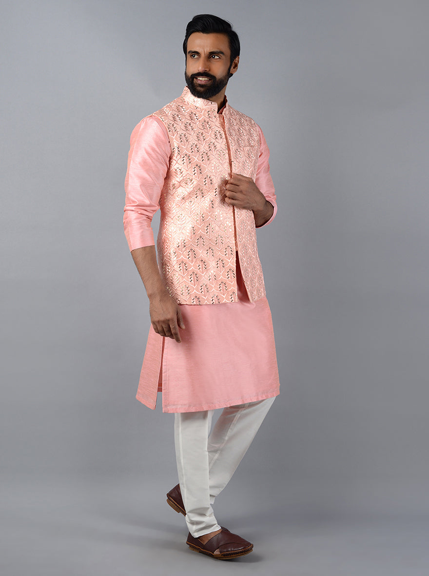 Trendy Pink Bandhgala jacket, combining classic style with modern design, perfect for any formal occasion.