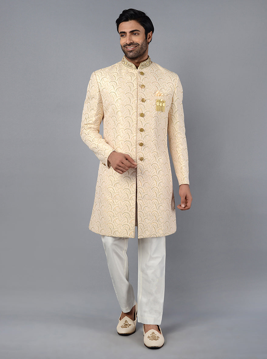 Perfect for weddings and sangeet in the USA, this jacket pairs beautifully with golden aligarhi.