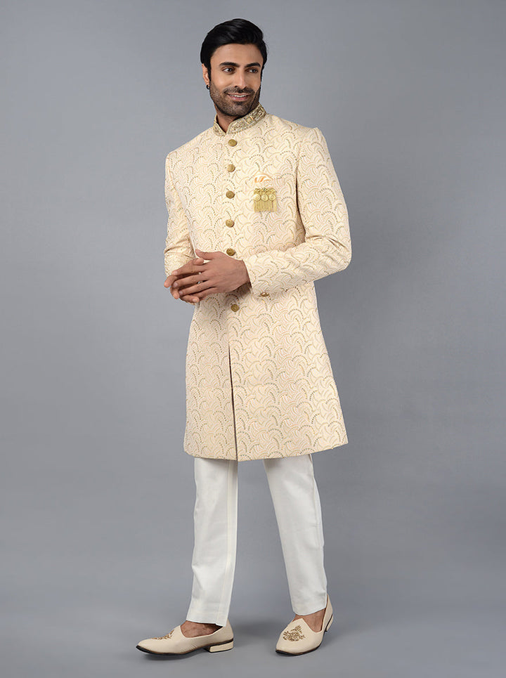 Full Sleeve Cream Jacquard Indowestern with Elegant Embroidery