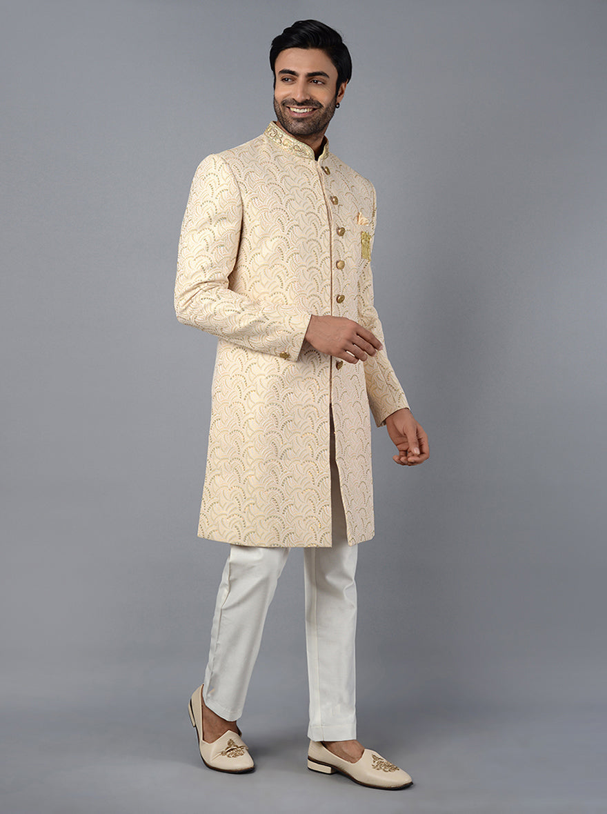 Royal Cream Indowestern with Jacquard Fabric and Detailed Embroidery