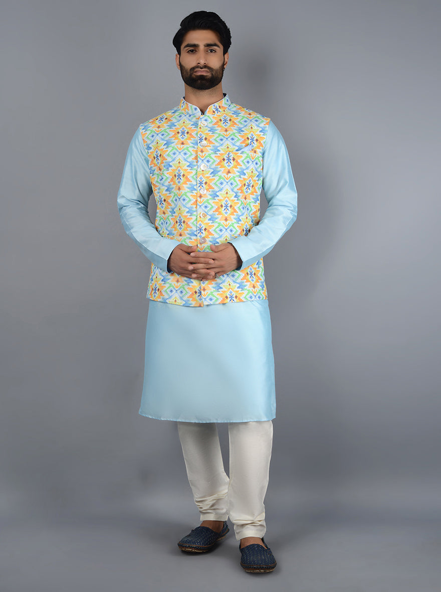 Elegant blue Bandhgala jacket made from silk blend fabric, perfect for festive and formal gatherings.