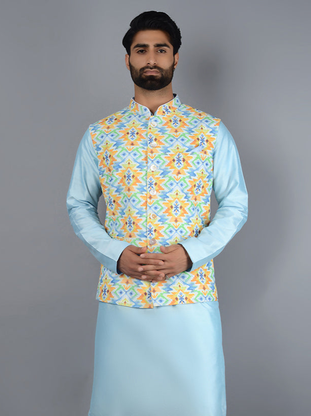 Luxurious Blue Bandhgala Jacket | Silk Blend for Men’s Formal Wear