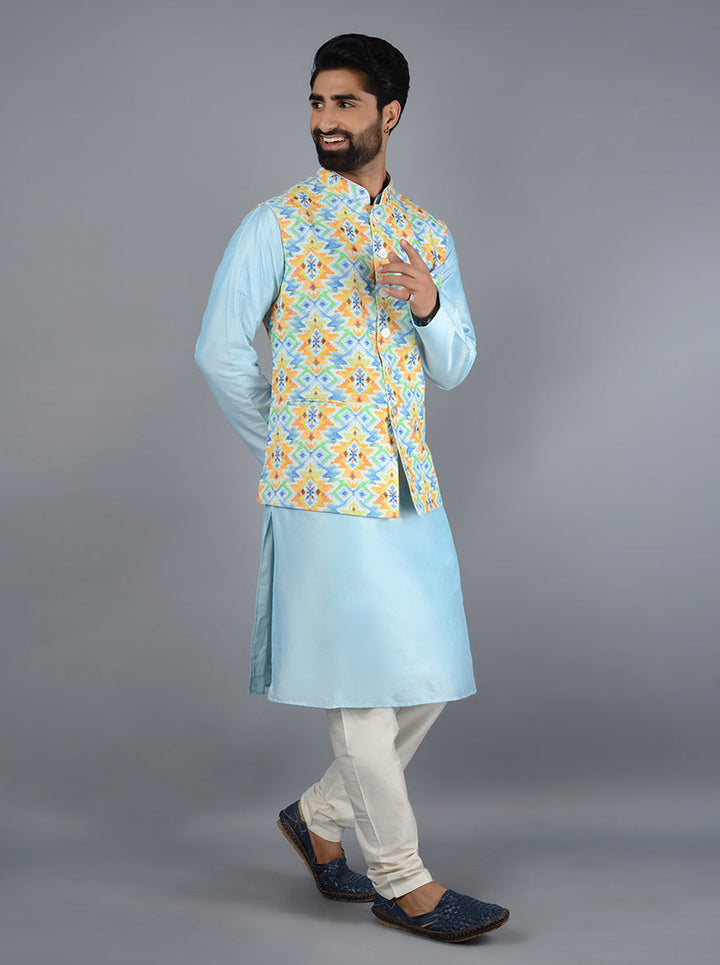 Stylish blue Bandhgala jacket featuring a unique printed pattern, ideal for adding sophistication to your wardrobe.