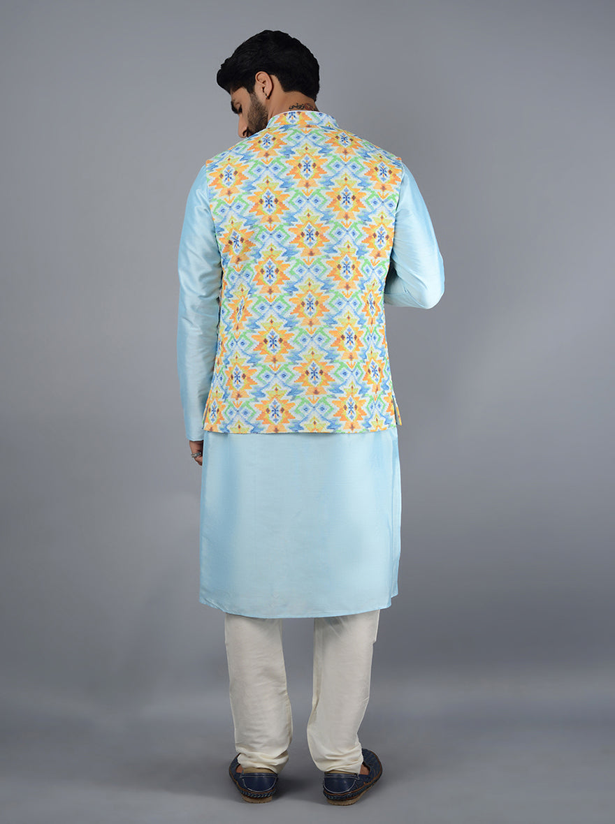 Luxurious blue Bandhgala jacket crafted from silk blend, designed for festive occasions and formal events.