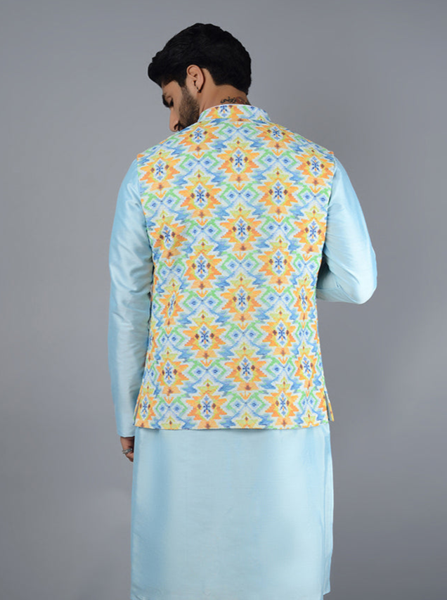 Luxurious Blue Bandhgala Jacket | Silk Blend for Men’s Formal Wear