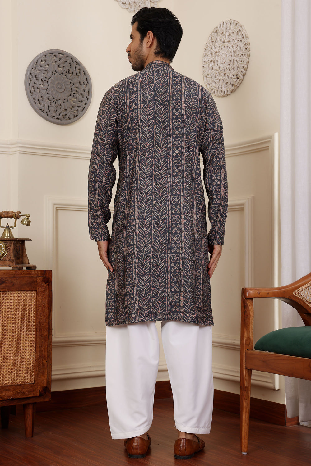 Stylish navy blue embroidered kurta pajama for men in premium fabric
