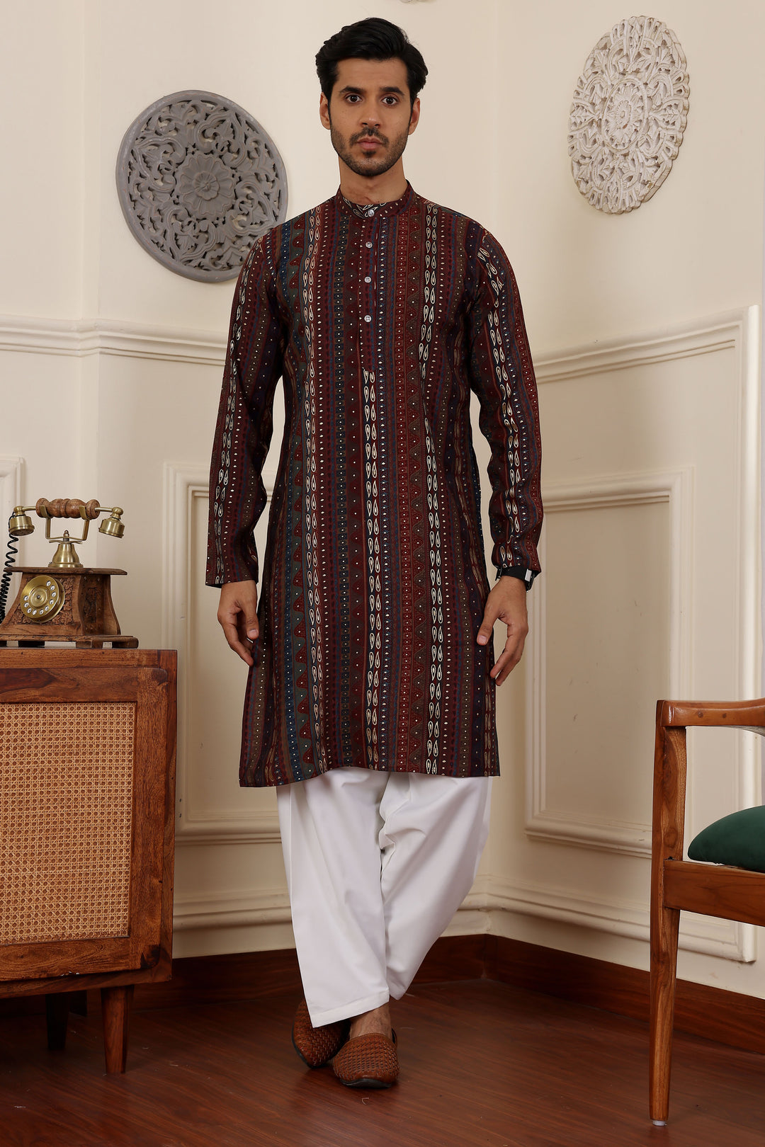 Multi color modal silk kurta pajama set with embroidered design for men
