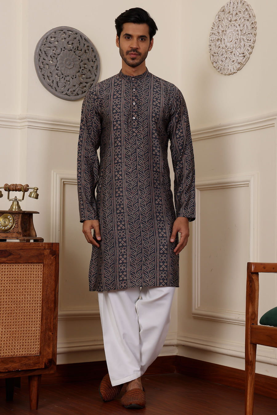 Navy blue modal silk kurta pajama set with intricate embroidery for men
