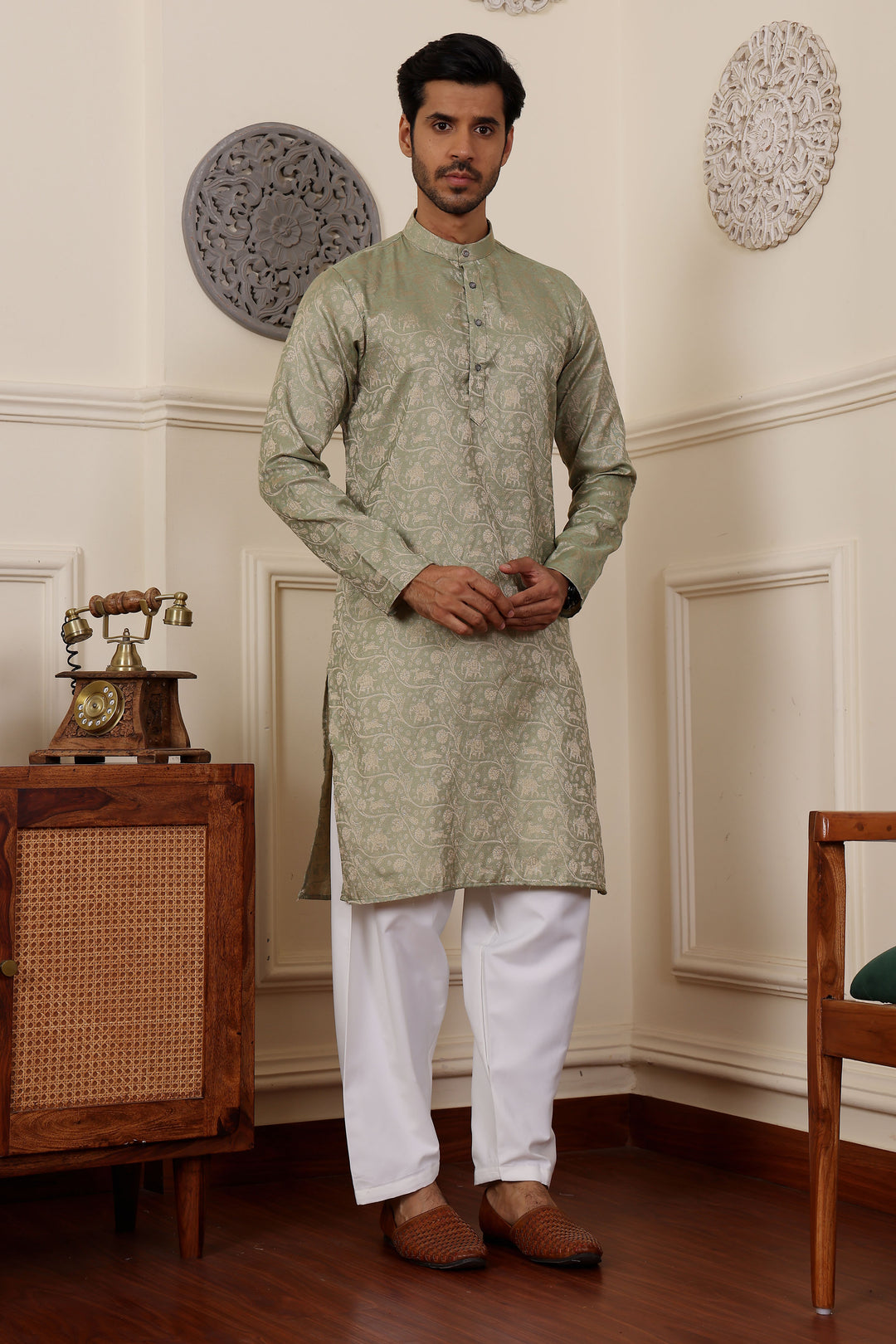 Men’s mehendi kurta featuring delicate weaved motifs in subtle beige, ideal for formal gatherings