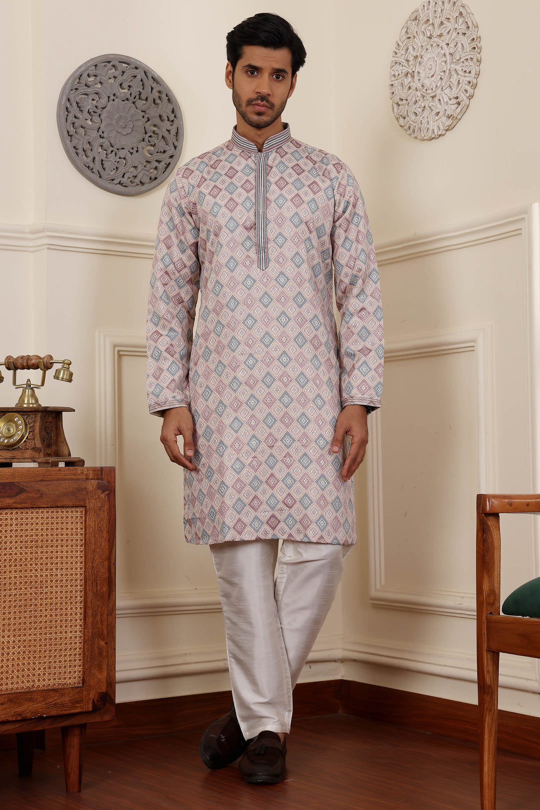 Elegant Men's Kurta | Unique Floral Diamond Design for Celebrations