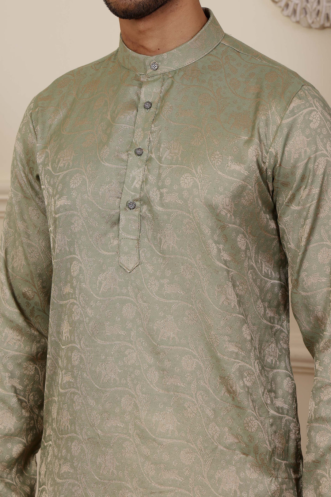 Premium mehendi kurta for men with intricate weaved motifs, crafted from luxurious Viscose.