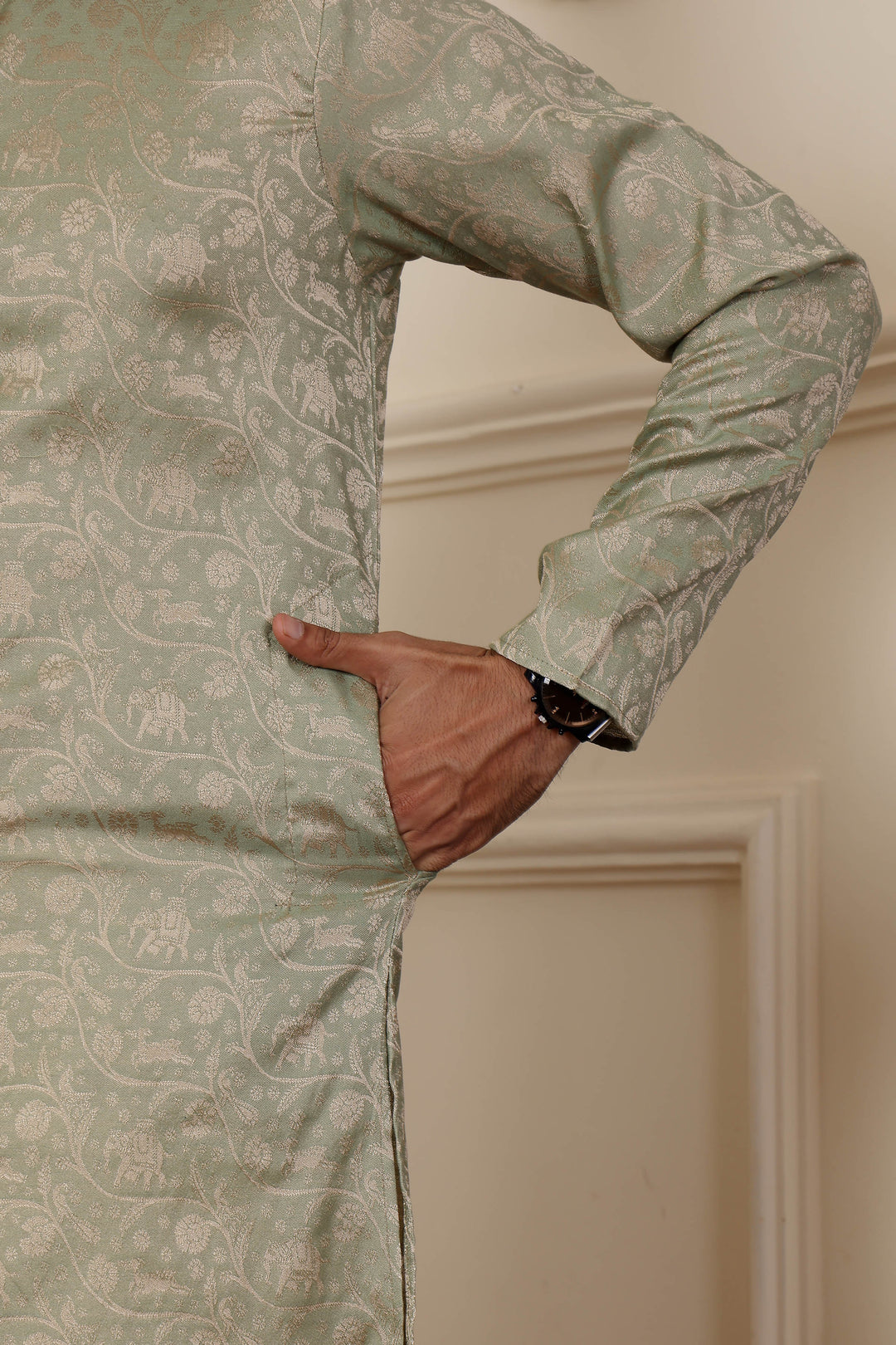 Mehendi men’s kurta with beautiful weaved motifs, designed for both formal and festive wear.