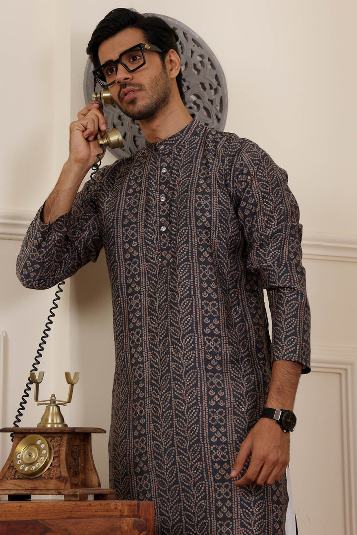 Elegant modal silk navy blue kurta pajama set for festive wear
