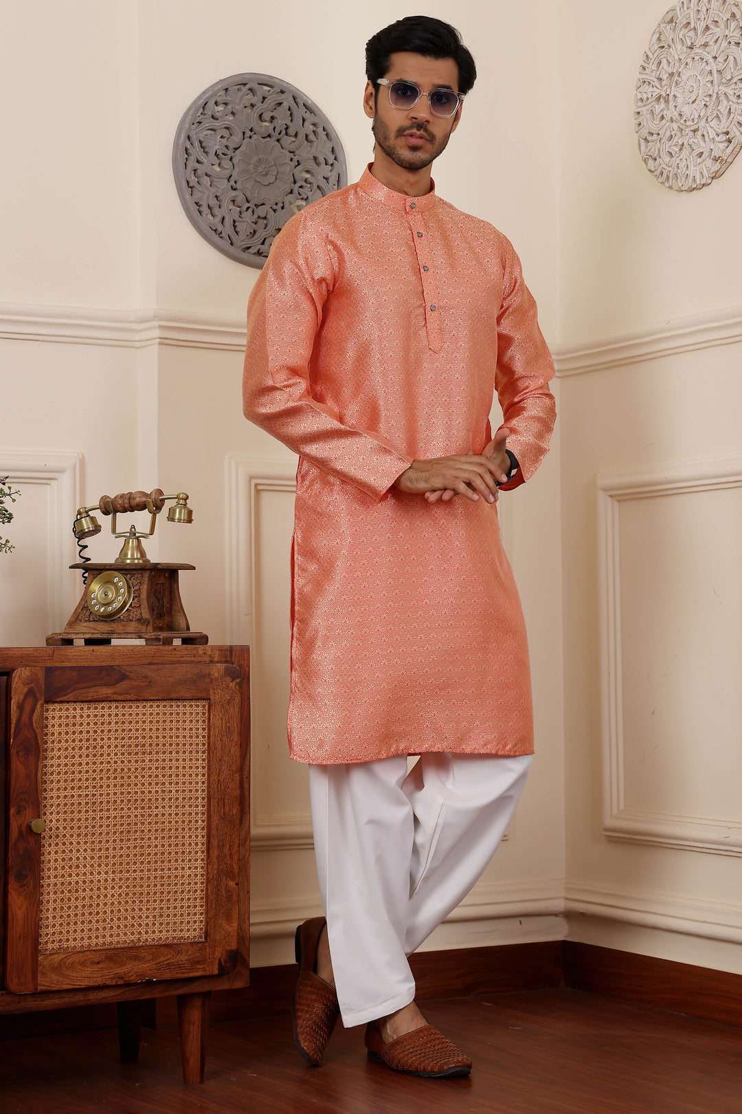 Orange Viscose kurta for men, blending traditional charm with contemporary style.