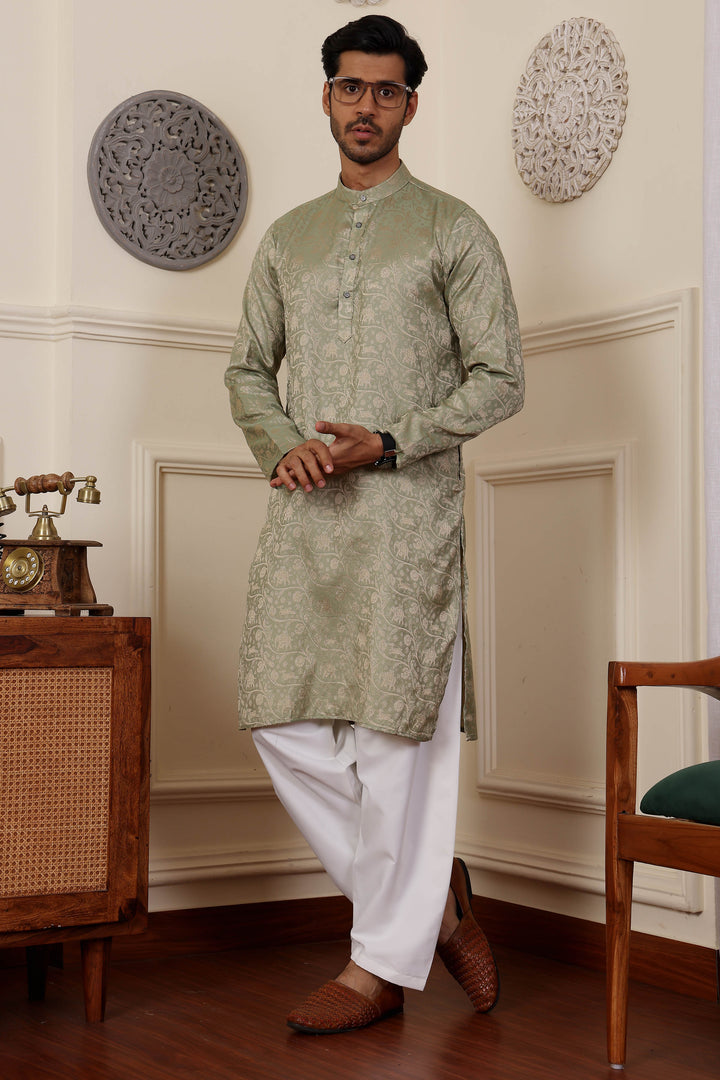 Stylish mehendi kurta for men with weaved motifs in beige, blending tradition and elegance.