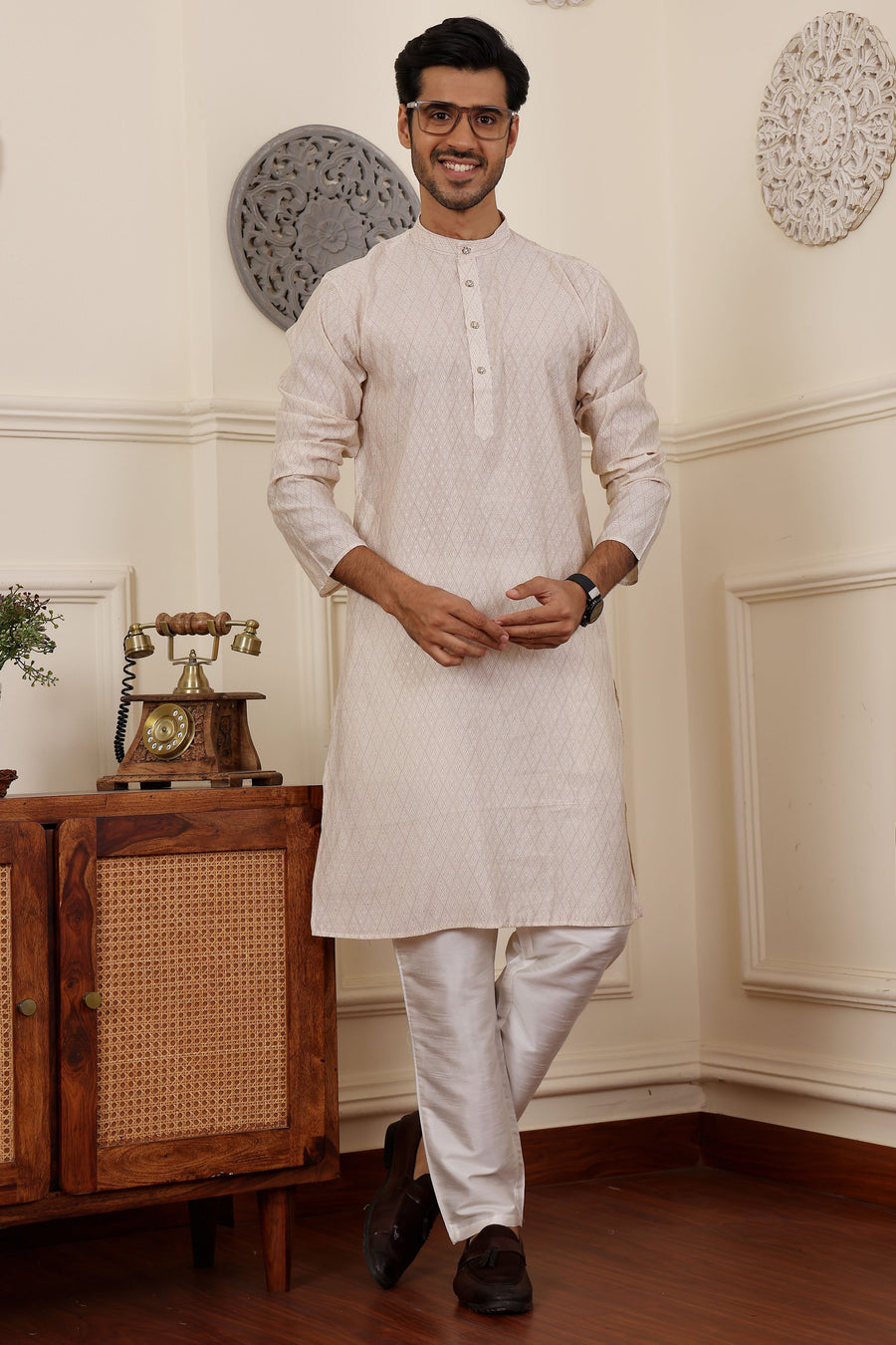 White modal silk kurta pajama set with embroidered details for men
