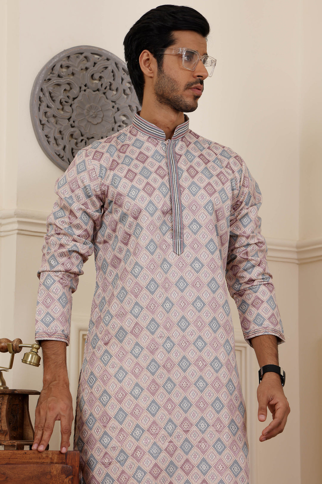 Elegant Men's Kurta | Unique Floral Diamond Design for Celebrations