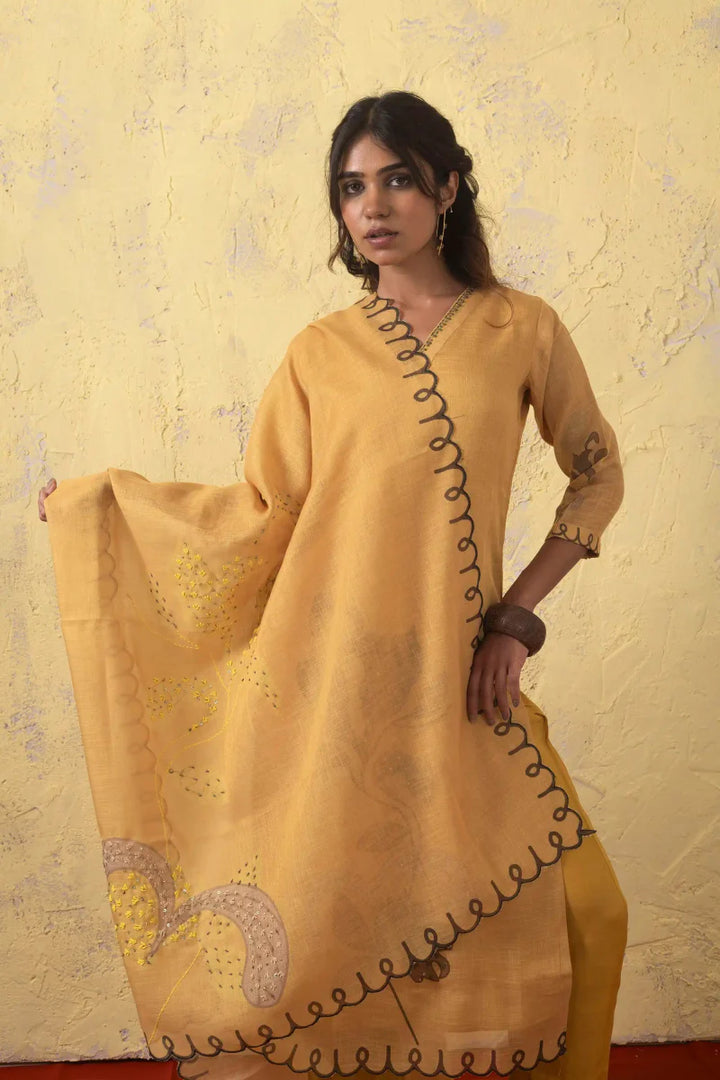 PAYAL Amber Yellow Kurta Suit Set with Flower Motif Detailing - Payal