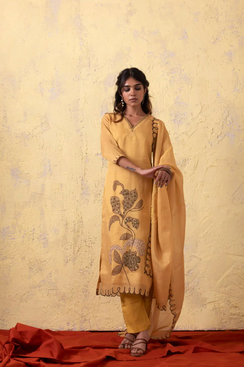 PAYAL Amber Yellow Kurta Suit Set with Flower Motif Detailing - Payal