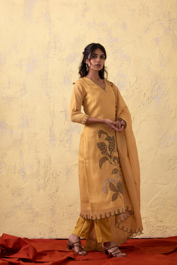 PAYAL Amber Yellow Kurta Suit Set with Flower Motif Detailing - Payal