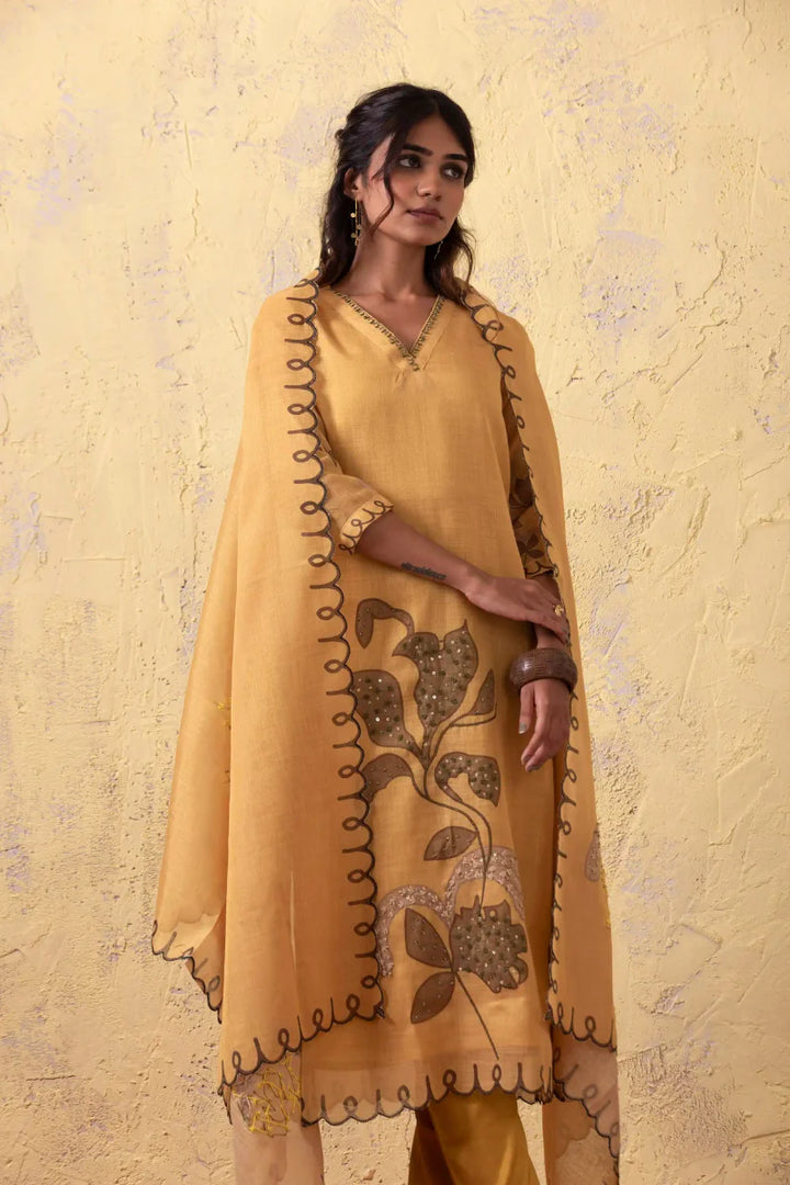 PAYAL Amber Yellow Kurta Suit Set with Flower Motif Detailing - Payal