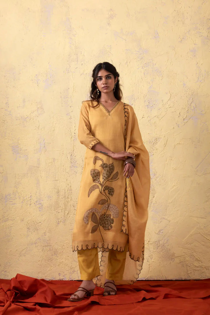 PAYAL Amber Yellow Kurta Suit Set with Flower Motif Detailing - Payal