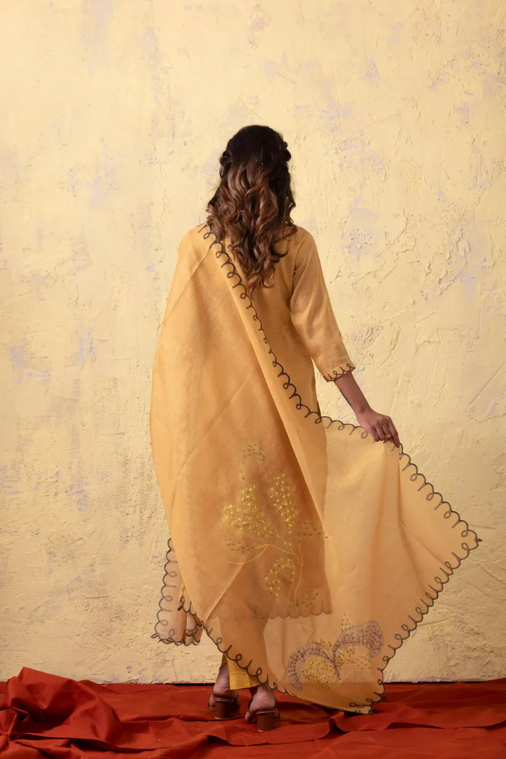 PAYAL Amber Yellow Kurta Suit Set with Flower Motif Detailing - Payal