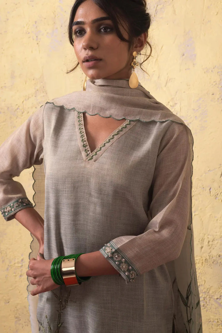 PAYAL Beige Linen Kurta Suit Set with Forest Inspired Print Design - Payal