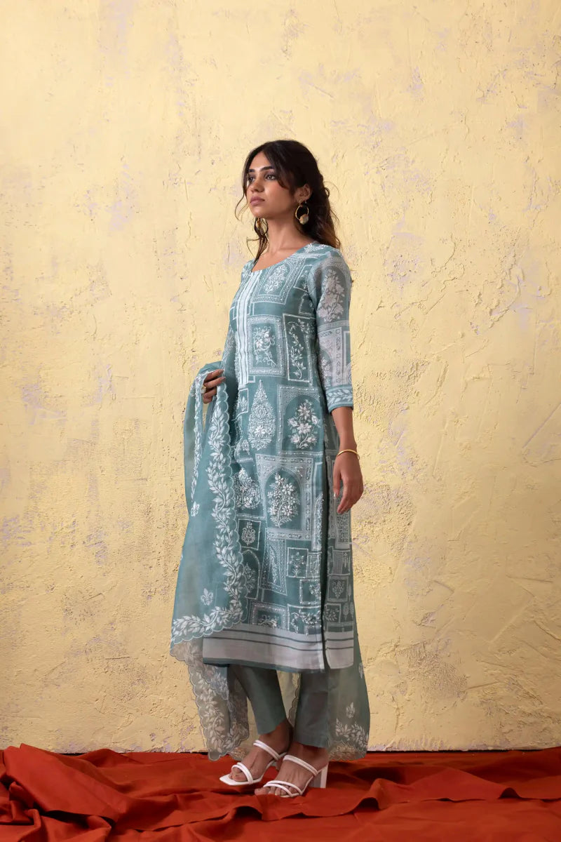 PAYAL Blue Kurta Suit Set with detailed Print and Hand Embroidery Design - Payal