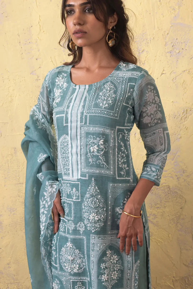 PAYAL Blue Kurta Suit Set with detailed Print and Hand Embroidery Design - Payal