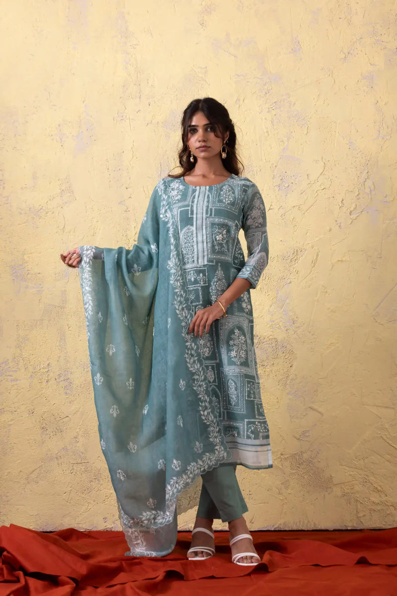 PAYAL Blue Kurta Suit Set with detailed Print and Hand Embroidery Design - Payal