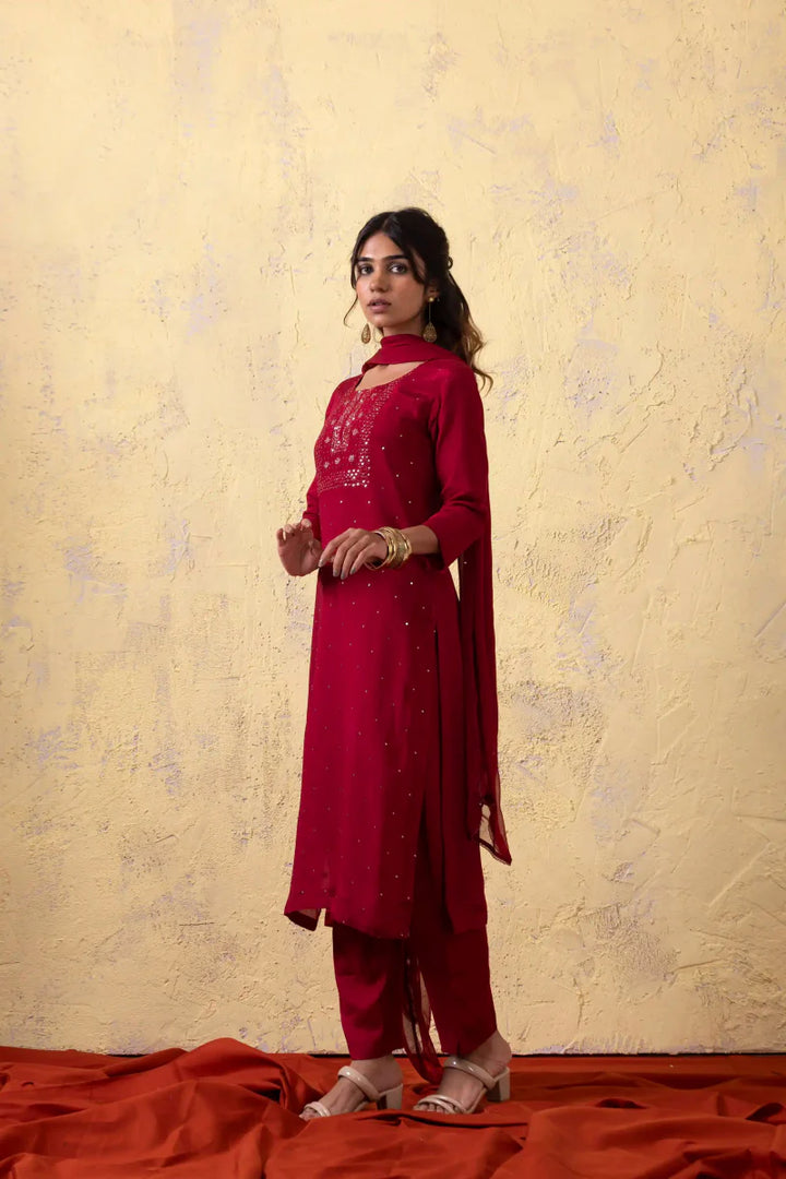 PAYAL Carmine Red Kurta Suit Set with Khat Work Detailing - Payal