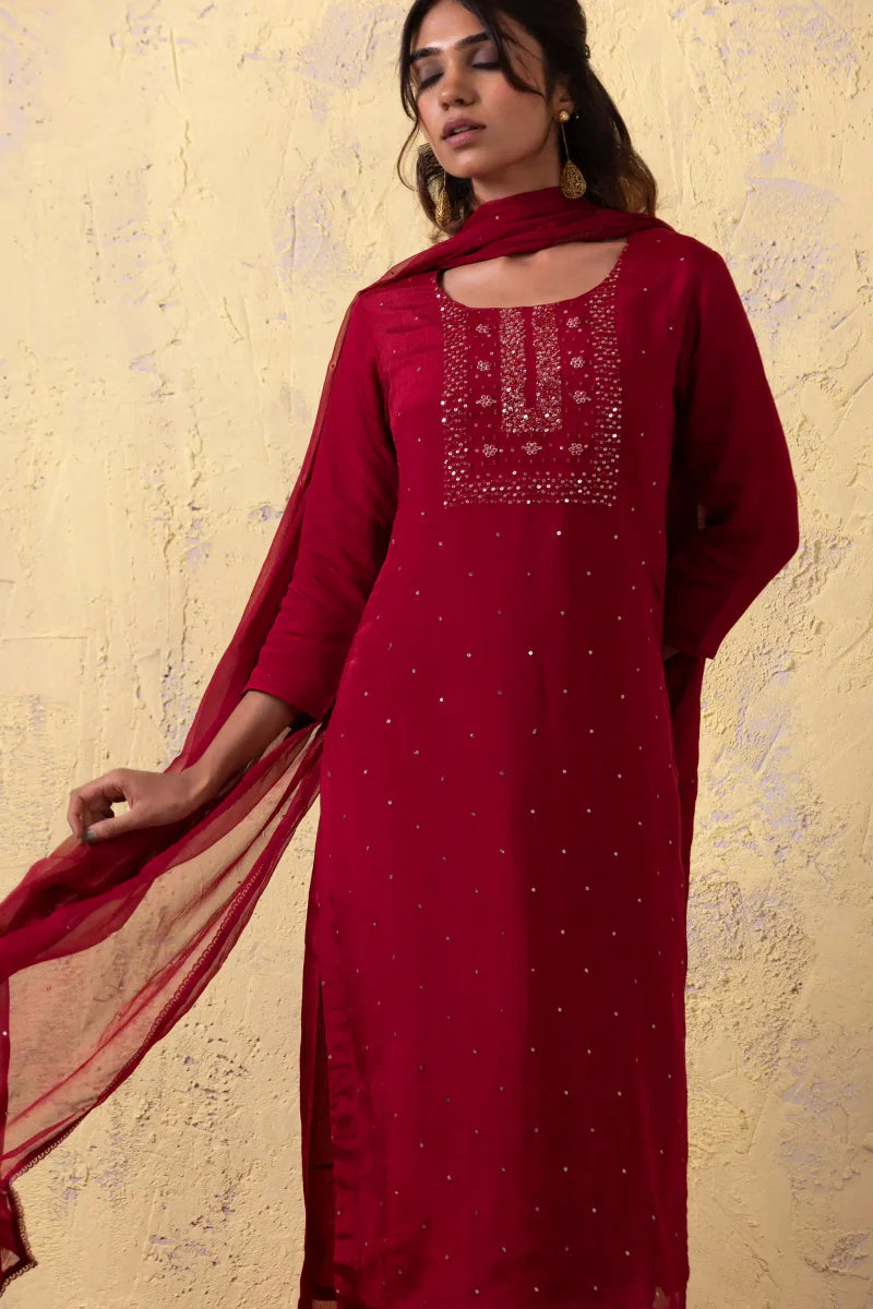 PAYAL Carmine Red Kurta Suit Set with Khat Work Detailing - Payal