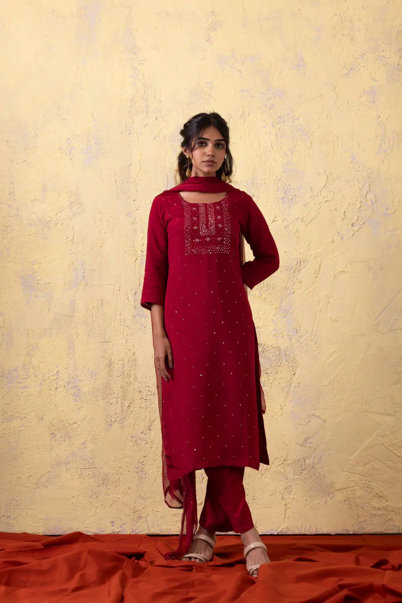 PAYAL Carmine Red Kurta Suit Set with Khat Work Detailing - Payal