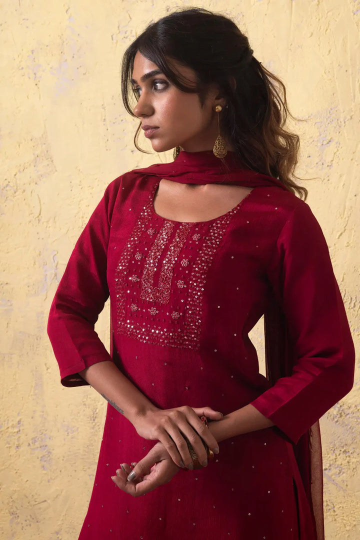 PAYAL Carmine Red Kurta Suit Set with Khat Work Detailing - Payal