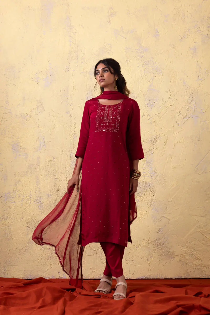 PAYAL Carmine Red Kurta Suit Set with Khat Work Detailing - Payal