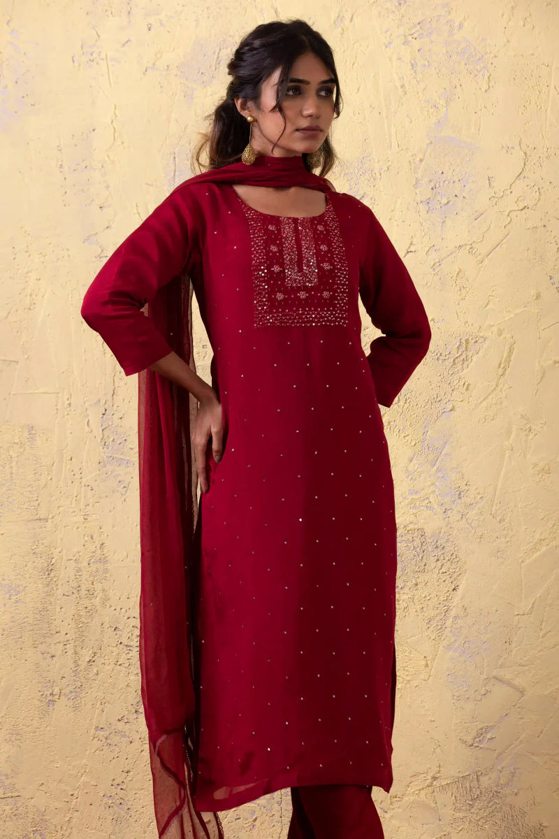 PAYAL Carmine Red Kurta Suit Set with Khat Work Detailing - Payal